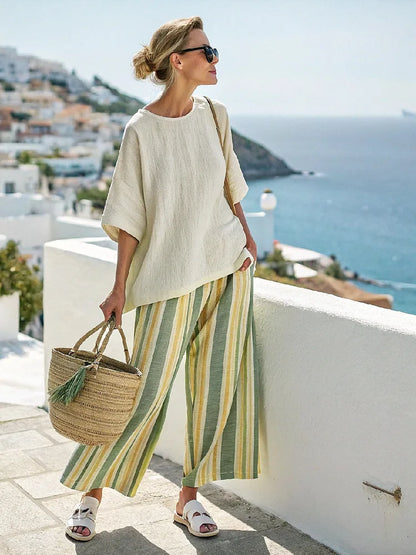 Retro Vacation Printed Striped 2Piece Set Half Sleeve Oversize Pullover Top+Long Pants Casual Women Patchwork Pocket Set Outfits
