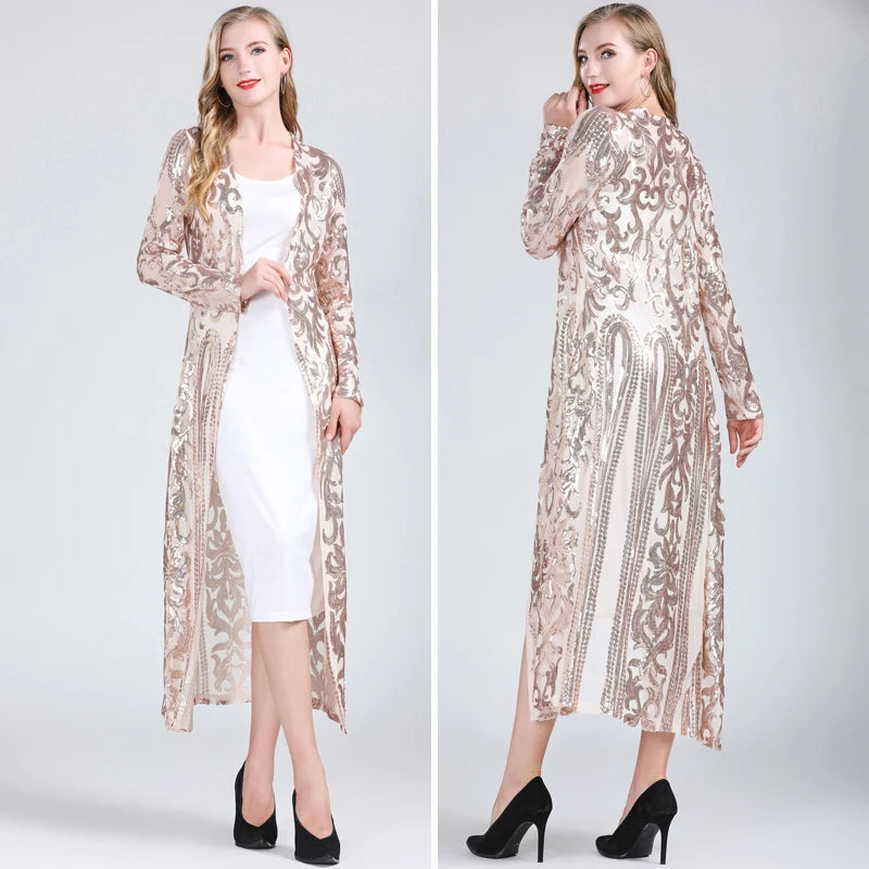 Women Sexy Long Sequin Open Front Mesh Cardigan Embroidery Long Sleeve Blouse Cover Up Coat Evening Prom Party Tops