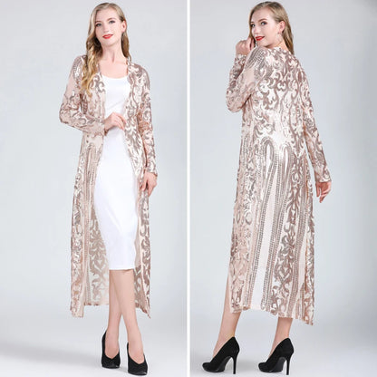 Women Sexy Long Sequin Open Front Mesh Cardigan Embroidery Long Sleeve Blouse Cover Up Coat Evening Prom Party Tops