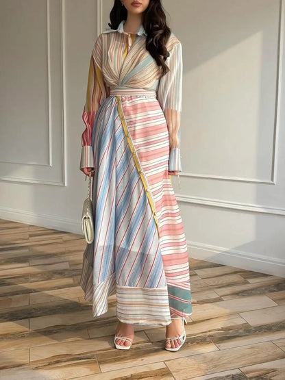 Women Multicolor Striped Maxi Dress Collared Waist Belt Wrap Long Sleeve Ruffle Hem Casual Summer Dress 2026 Trendy Lady Robe