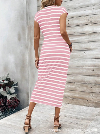 Summer New Long Dress Elegant Waist Strap Fashionable Striped Print Round Neck Short Sleeved High-end Women's Dress