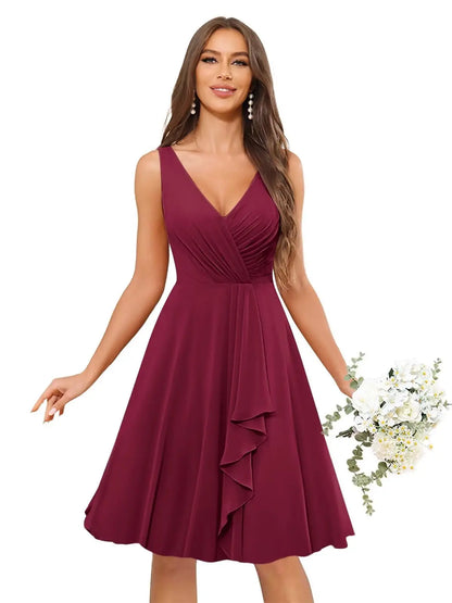 Short Bridesmaid Dresses for Women V-Neck Knee Length Pleated Ruffles Chiffon Evening Gown Evening Dresses Prom Party Dresses