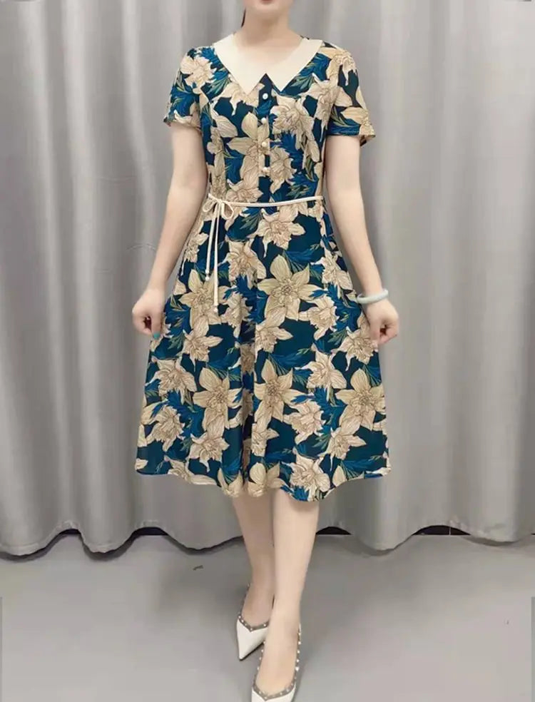 Women’s Vintage Floral Midi Dress – Peter Pan Collar Short Sleeve Button Dress