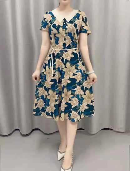 Women’s Vintage Floral Midi Dress – Peter Pan Collar Short Sleeve Button Dress