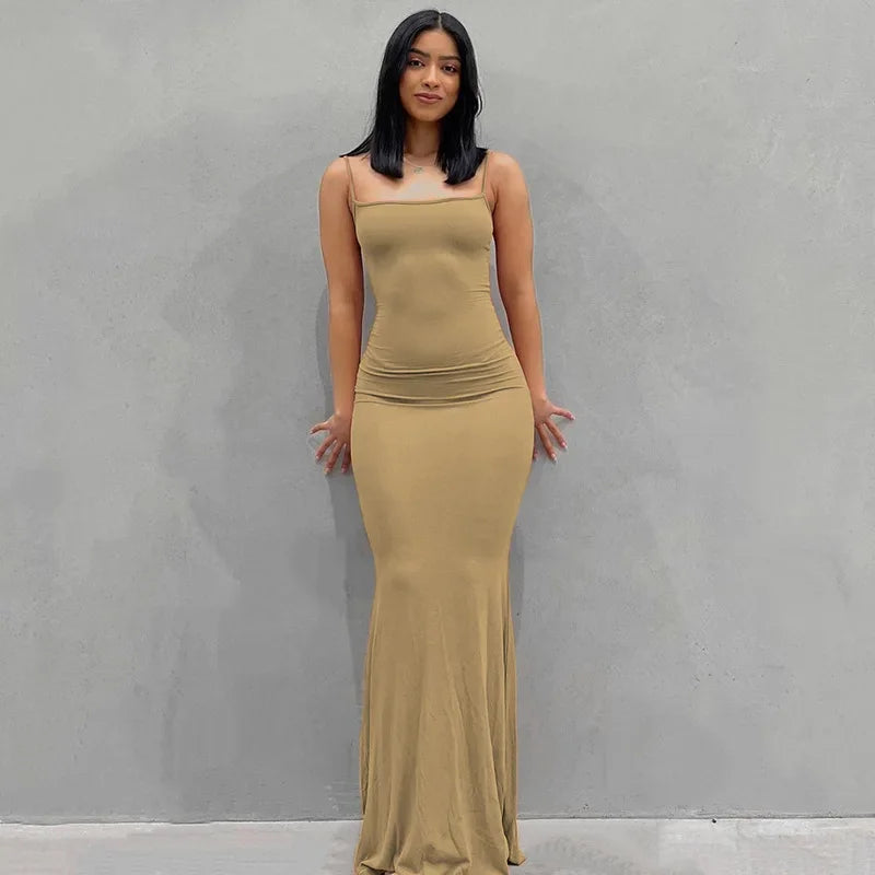 Y2K Sexy Maxi Dress for Women 2025 Autumn Backless Slim Party Dress Pullover Concise платье Female Long Bodycon Brown Vestidos
