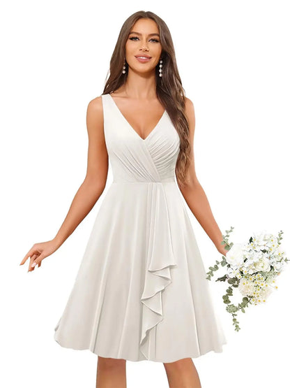 Short Bridesmaid Dresses for Women V-Neck Knee Length Pleated Ruffles Chiffon Evening Gown Evening Dresses Prom Party Dresses