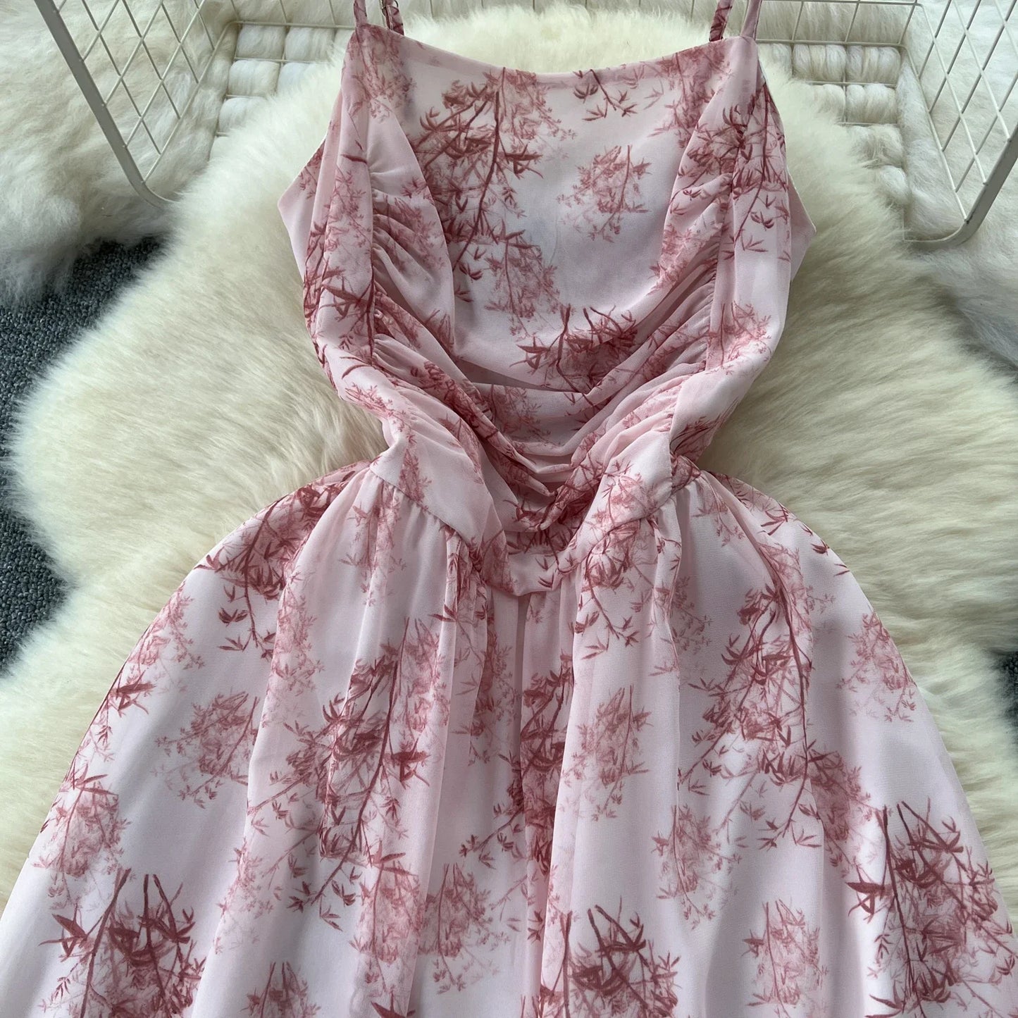 New Korean Fashion Rose Flower Print Romantic Retro Party Dress Summer Elastic High Waist Vacation Long Dress Beach Vestido