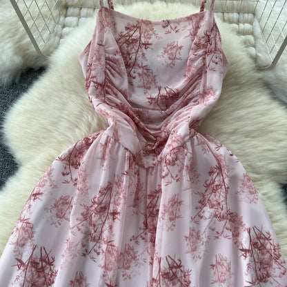 New Korean Fashion Rose Flower Print Romantic Retro Party Dress Summer Elastic High Waist Vacation Long Dress Beach Vestido