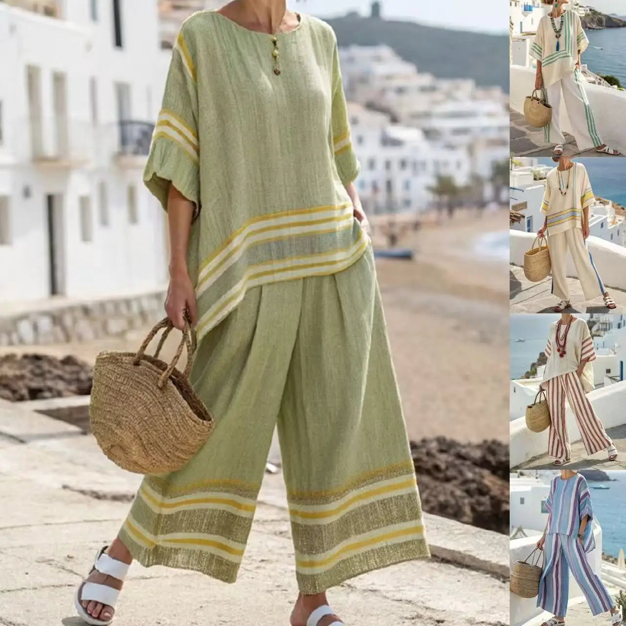 Retro Vacation Printed Striped 2Piece Set Half Sleeve Oversize Pullover Top+Long Pants Casual Women Patchwork Pocket Set Outfits