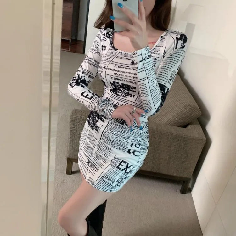Dress for Women Korean Style Tight Newspaper Printed Dress Summer Hot Girl Suspender Short Skirt Pure Desire Long Sleeved Dress