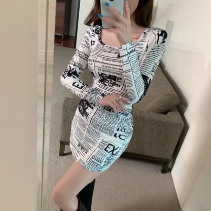 Dress for Women Korean Style Tight Newspaper Printed Dress Summer Hot Girl Suspender Short Skirt Pure Desire Long Sleeved Dress