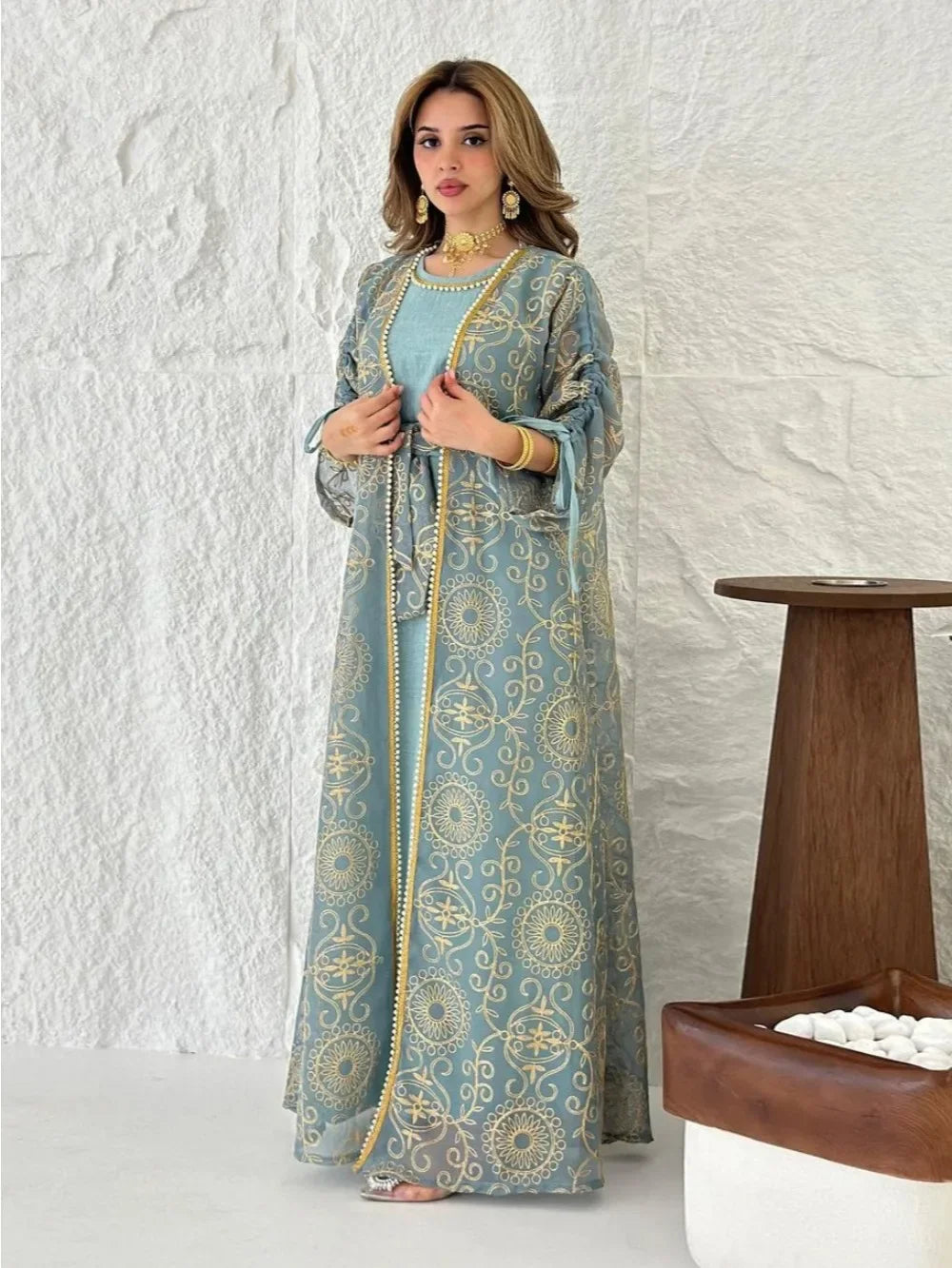 Eid Muslim Abayas for Women Party 2 Piece Set Embroidery Cardigan Robe Lace Up Dress Morocco Kaftan Islam Ramadan Dubai Vestidos