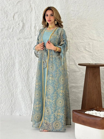 Eid Muslim Abayas for Women Party 2 Piece Set Embroidery Cardigan Robe Lace Up Dress Morocco Kaftan Islam Ramadan Dubai Vestidos