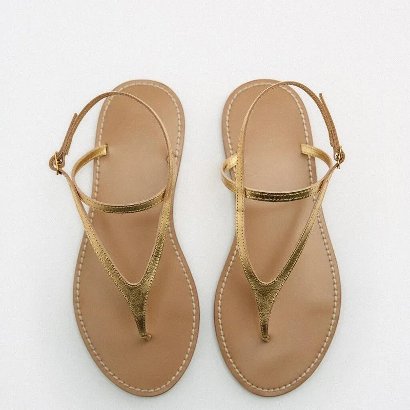 narrow band gold leather flat sandals women 35-43 big size summer jandal sandalias mujer T-strap flat Roman sandales femmes été