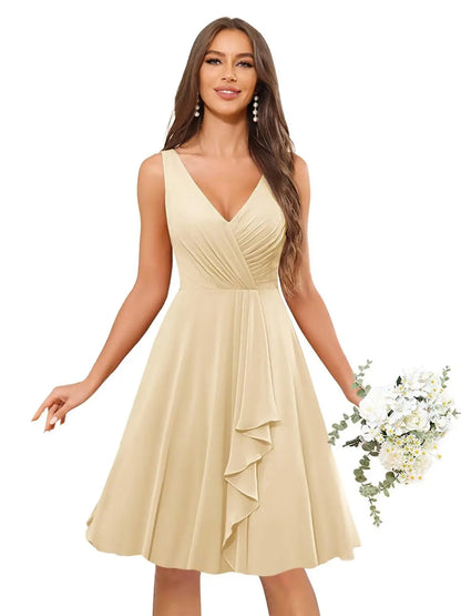 Short Bridesmaid Dresses for Women V-Neck Knee Length Pleated Ruffles Chiffon Evening Gown Evening Dresses Prom Party Dresses