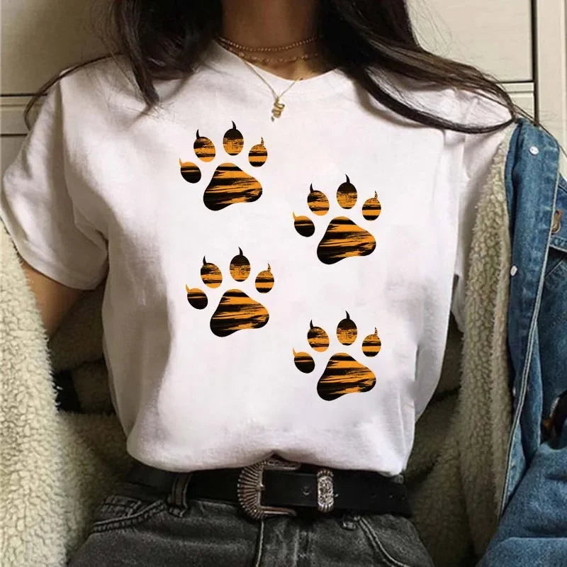 Leopard Print Simple Round Neck Lovely Woman Harajuku Graphic T Shirts Tops Summer Fashion Harajuku Sleeve Aesthetic Clothes