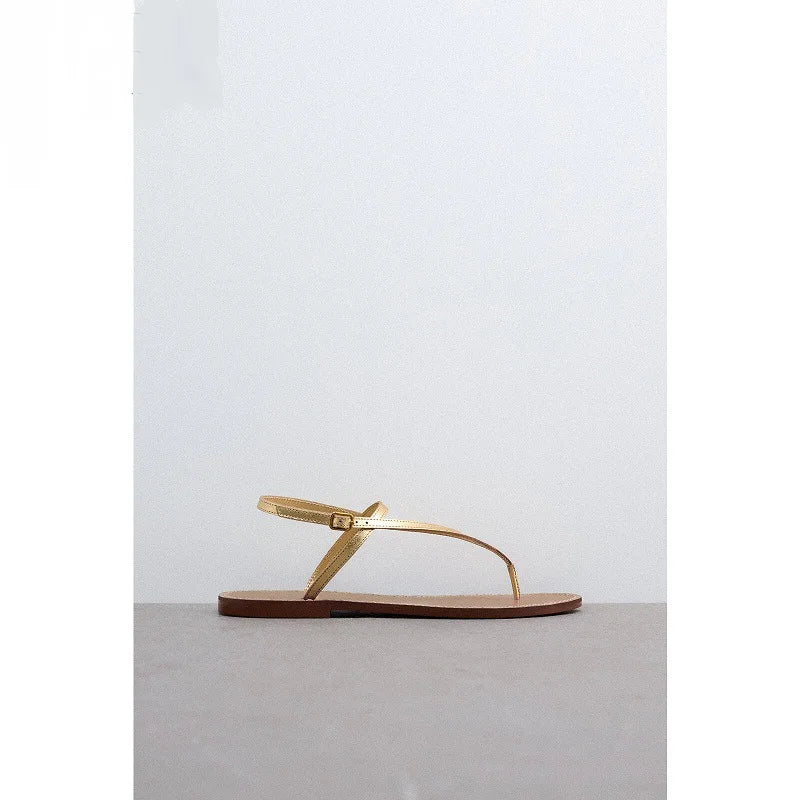 narrow band gold leather flat sandals women 35-43 big size summer jandal sandalias mujer T-strap flat Roman sandales femmes été