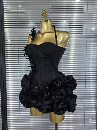 Red Black Women Sexy Halter Full Florals 2 Pieces Bodycon Mini Bandage Dress Celebrate Nightclub Party Birthday Outfit