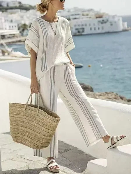 Retro Vacation Printed Striped 2Piece Set Half Sleeve Oversize Pullover Top+Long Pants Casual Women Patchwork Pocket Set Outfits