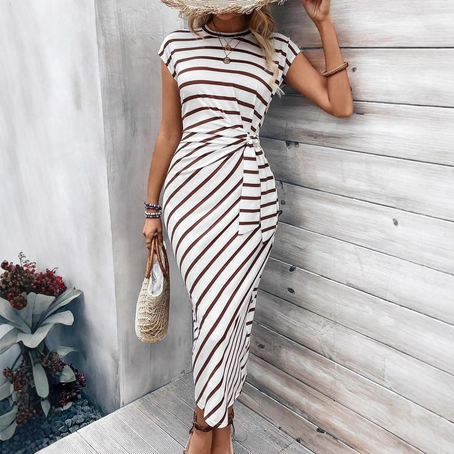 Women's Casual round Neck T-shirt with Waist Strap Short Sleeve Long Bodycon Dress Elastic Waist Other Fabric Other Composition