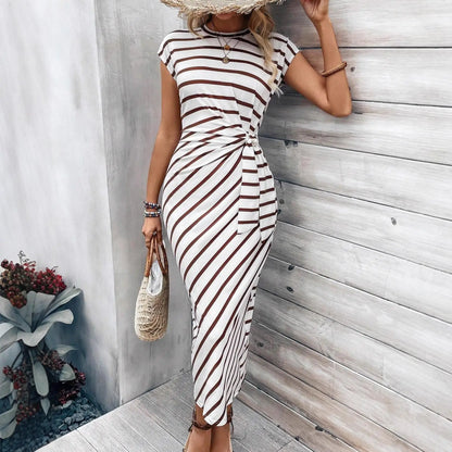Women's Casual round Neck T-shirt with Waist Strap Short Sleeve Long Bodycon Dress Elastic Waist Other Fabric Other Composition