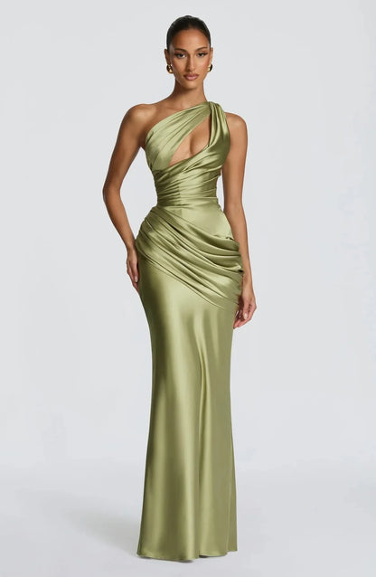 Women Green Ruched Elegant Satin Maxi Dress Mermaid One-shoulder Cutout Slim Fit Flowy Vestido 2026 Lady Summer Evening Vestidos