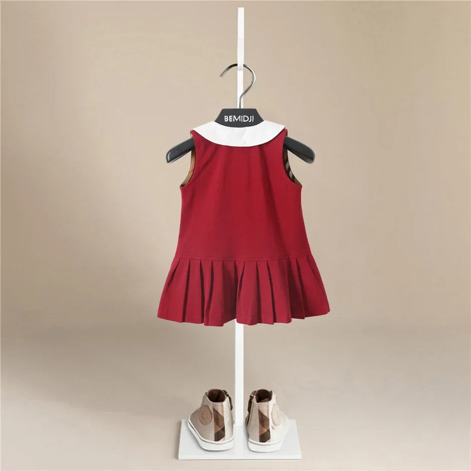 Girls Dress Summer Party Sleeveless  Plaid Dress Cotton Kids Dresses College Style Pleated Skirt Navy Blue New Year Costumes