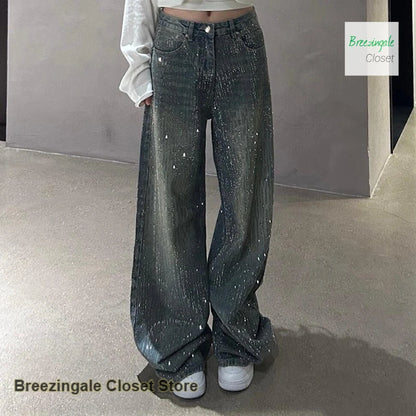 Korean style fashion rhinestone jeans women's autumn and winter new design temperament high waist straight loose trousers.