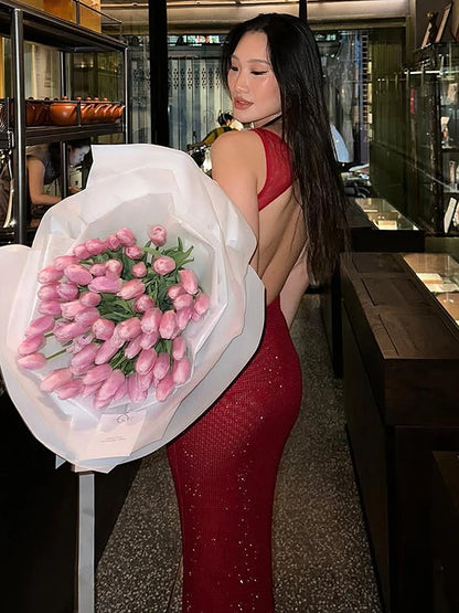 Weird Puss Christmas Backless Sequin Dress Women Sexy Sleeveless Low-Neck Stretch Skinny Elegant Fashion Party Club Maxi Bodycon