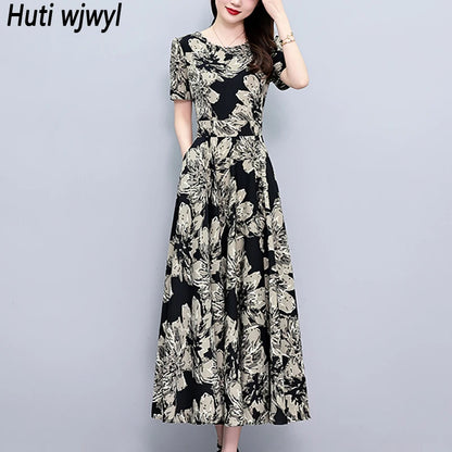 2024 Summer Floral Casual Long Sundress Women Elegant Bodycon Party Chic Prom Night Dresses Fashion Vintage Black Luxury Clothes