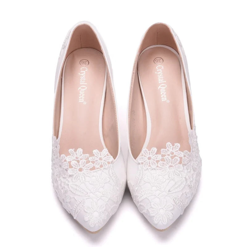 XIHAHA Fashion Women's Crystal Queen White Lace Flower Wedding Shoes Woman Point Toe Slips Lady Dress Flats Sneaker Big Size 43