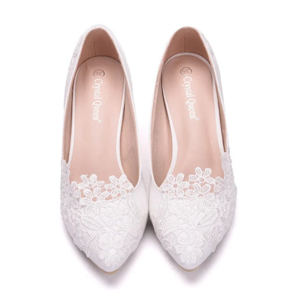 XIHAHA Fashion Women's Crystal Queen White Lace Flower Wedding Shoes Woman Point Toe Slips Lady Dress Flats Sneaker Big Size 43