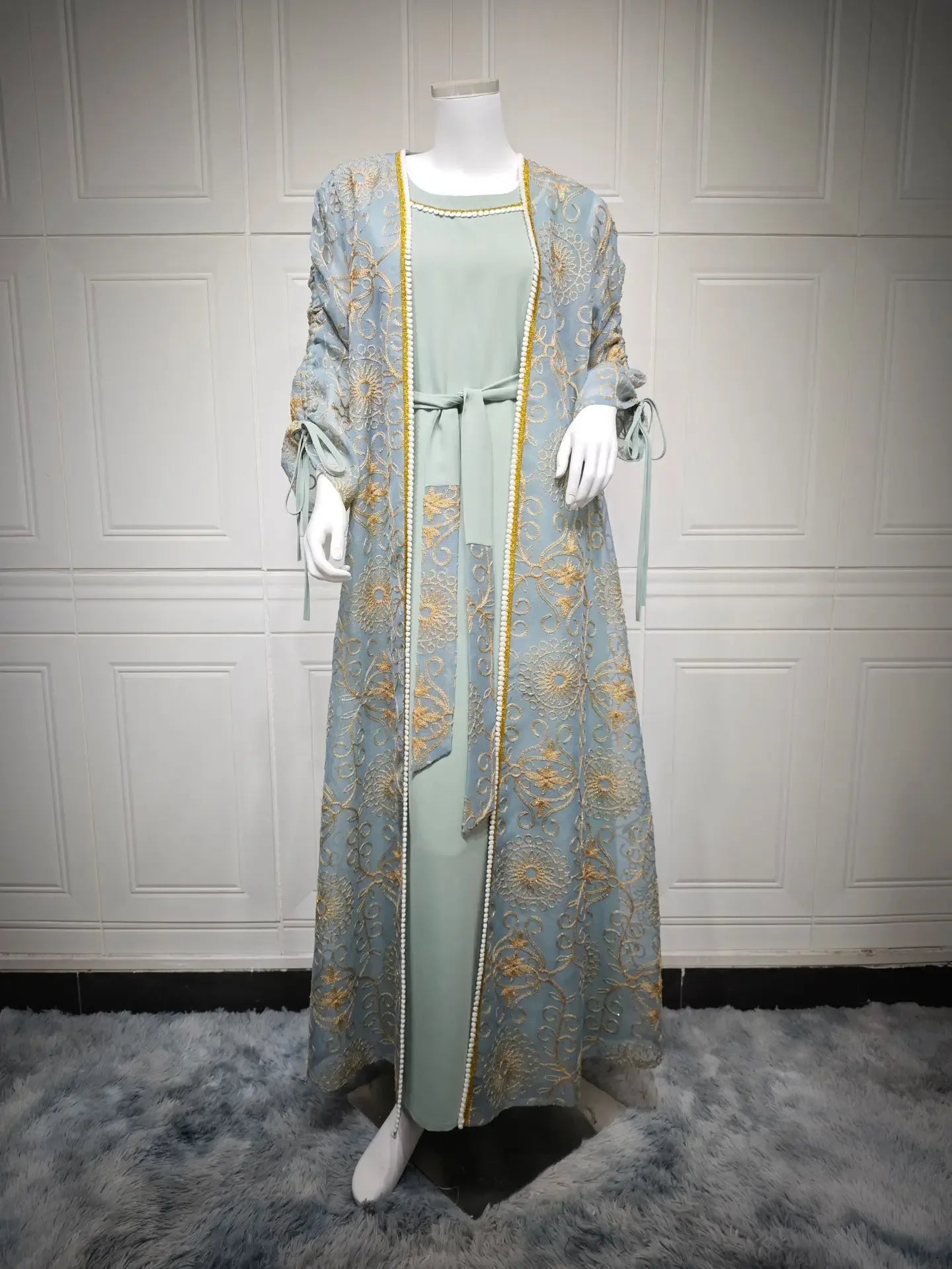 Eid Muslim Abayas for Women Party 2 Piece Set Embroidery Cardigan Robe Lace Up Dress Morocco Kaftan Islam Ramadan Dubai Vestidos