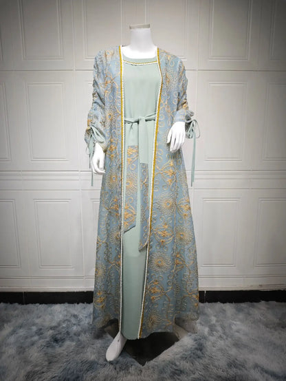Eid Muslim Abayas for Women Party 2 Piece Set Embroidery Cardigan Robe Lace Up Dress Morocco Kaftan Islam Ramadan Dubai Vestidos