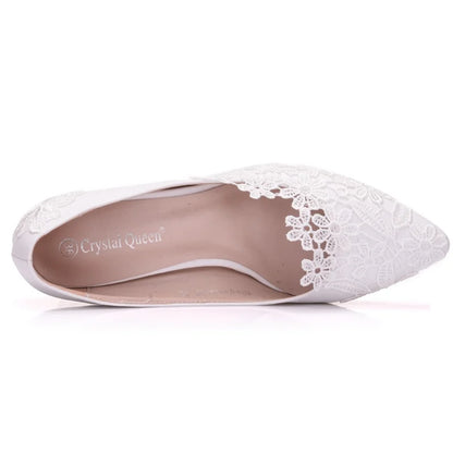 XIHAHA Fashion Women's Crystal Queen White Lace Flower Wedding Shoes Woman Point Toe Slips Lady Dress Flats Sneaker Big Size 43
