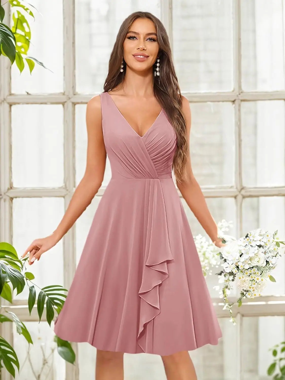 Short Bridesmaid Dresses for Women V-Neck Knee Length Pleated Ruffles Chiffon Evening Gown Evening Dresses Prom Party Dresses