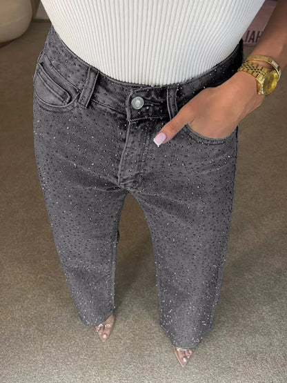 Japanese and Korean Casual Women's High Waisted Washed Denim Jeans, Loose and Slimming, Versatile and Rhinestone Hot Stamping