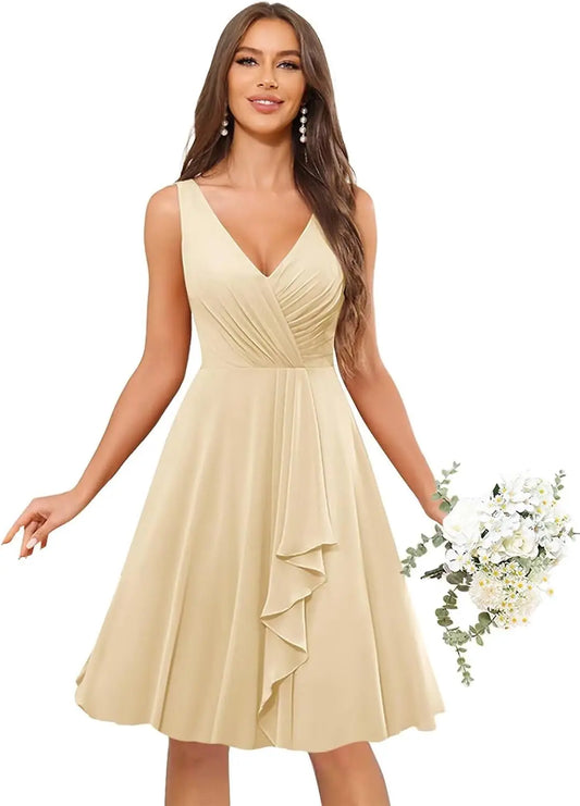 Short Bridesmaid Dresses for Women V-Neck Knee Length Pleated Ruffles Chiffon Evening Gown Evening Dresses Prom Party Dresses
