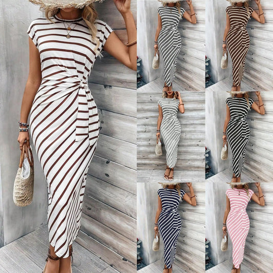 Women's Casual round Neck T-shirt with Waist Strap Short Sleeve Long Bodycon Dress Elastic Waist Other Fabric Other Composition