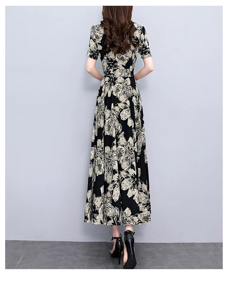 2024 Summer Floral Casual Long Sundress Women Elegant Bodycon Party Chic Prom Night Dresses Fashion Vintage Black Luxury Clothes