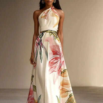 Vestido Sexy Bohemian Beach Holiday Dress Woman Elegant Floral Print High Waist Long Dress Spring Summer One Shoulder Maxi Dress