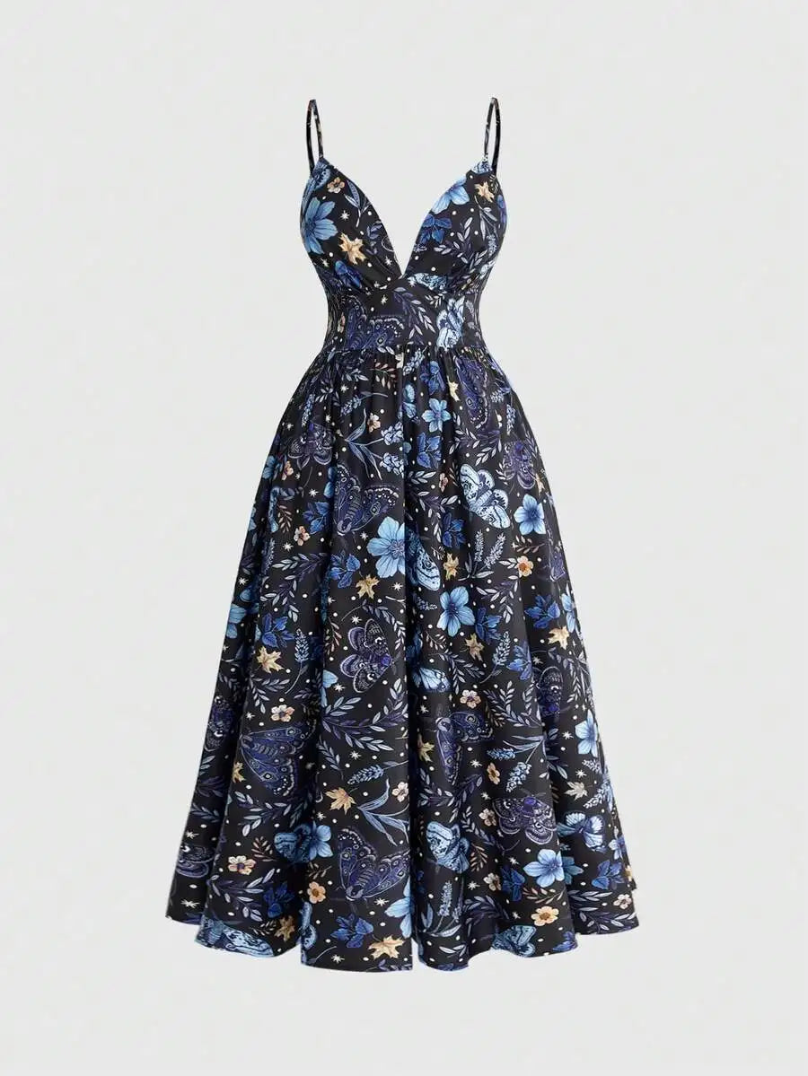 Floral Print Sleeveless V-Neck Midi Dress For Women Summer Casual Boho