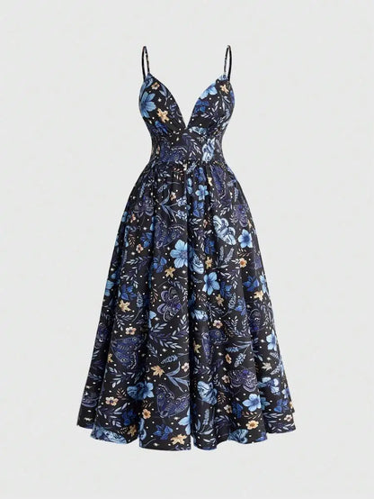Floral Print Sleeveless V-Neck Midi Dress For Women Summer Casual Boho