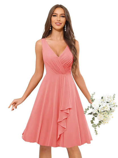 Short Bridesmaid Dresses for Women V-Neck Knee Length Pleated Ruffles Chiffon Evening Gown Evening Dresses Prom Party Dresses