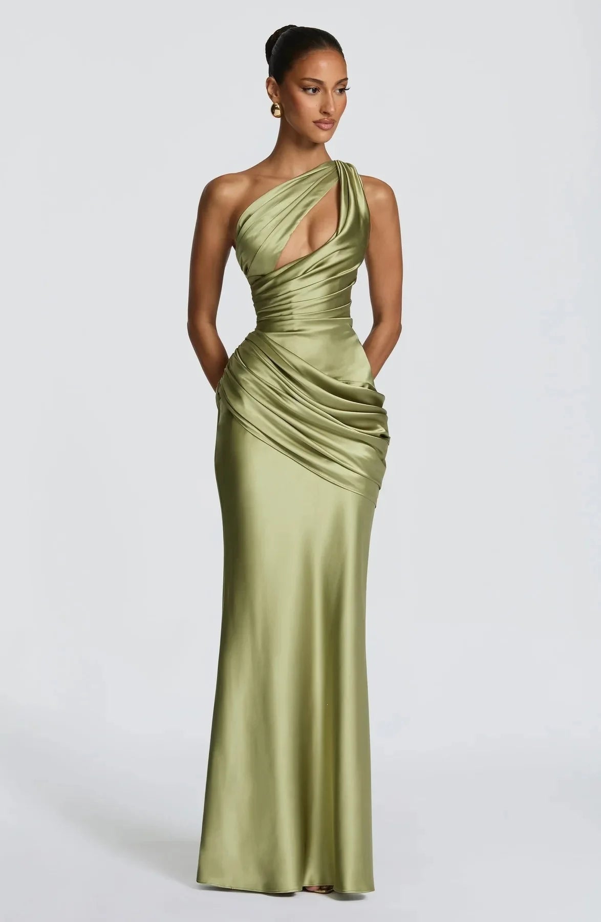Women Green Ruched Elegant Satin Maxi Dress Mermaid One-shoulder Cutout Slim Fit Flowy Vestido 2026 Lady Summer Evening Vestidos