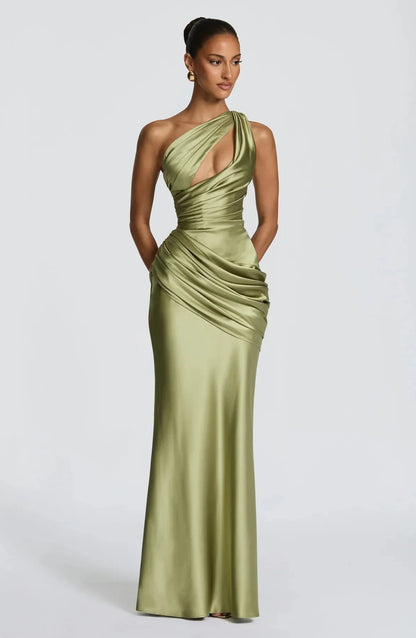 Women Green Ruched Elegant Satin Maxi Dress Mermaid One-shoulder Cutout Slim Fit Flowy Vestido 2026 Lady Summer Evening Vestidos