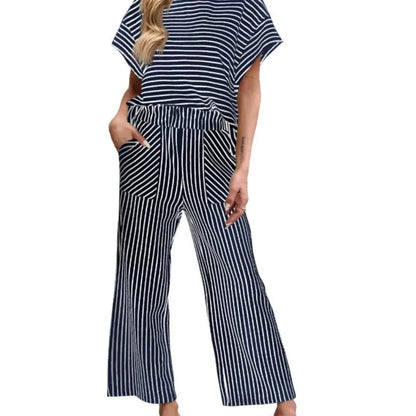 2026 New Women Pants Set Striped Casual Loose Fashion Comfortable Niche Round Neck Elastic Waist Daily Commuter Style Pants Set