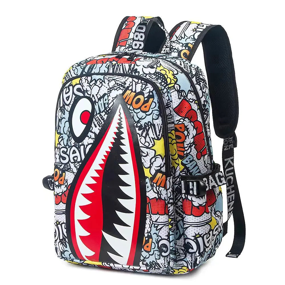 Black White School Satchel Unisex Casual Daypack Lightweight Women Back Bag Designer Shark School Bag Teenage Girls Boys College