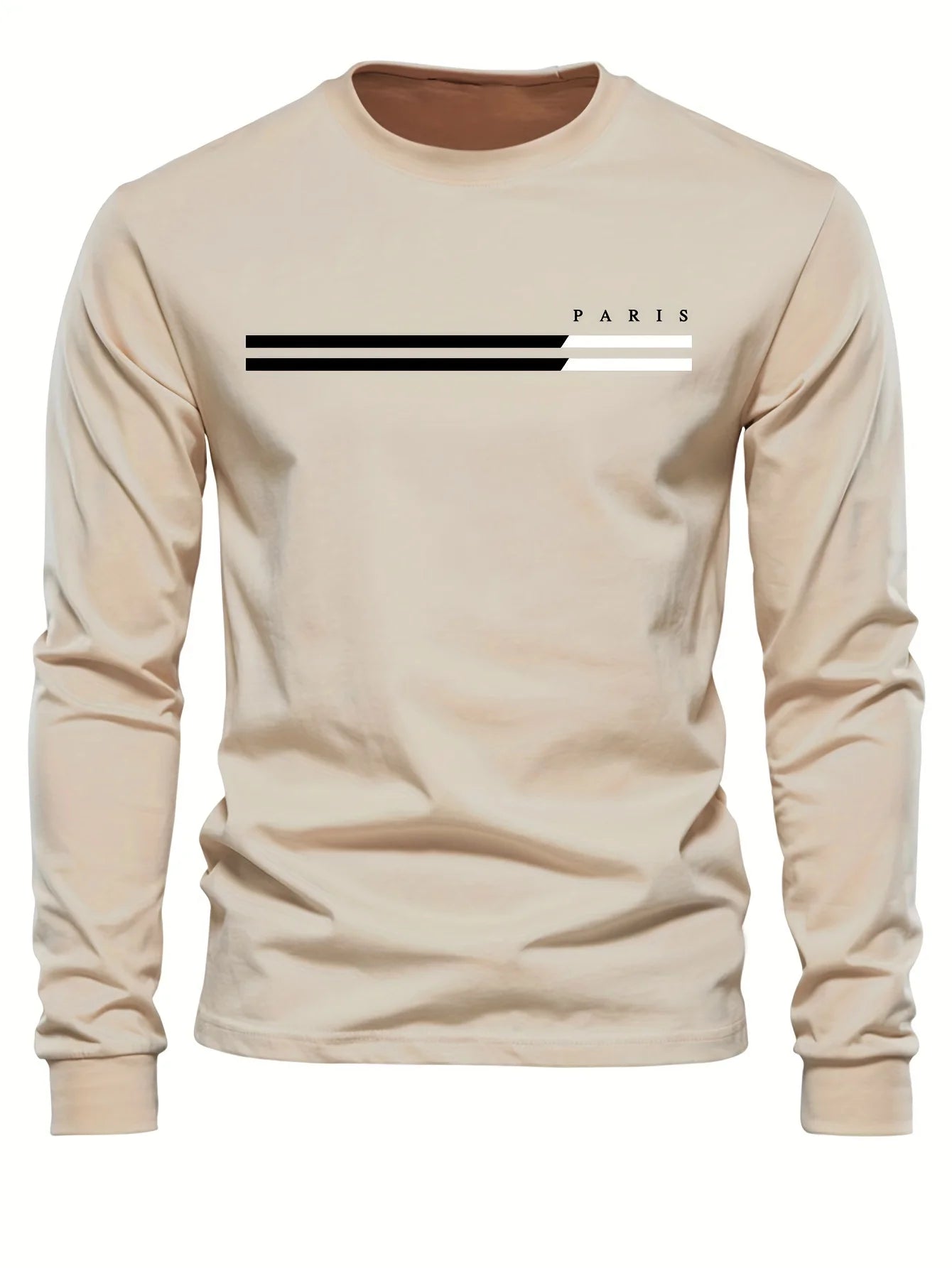 Men's 100% pure cotton summer loose comfortable casual  PARIS print large round neck long sleeve T-shirt top