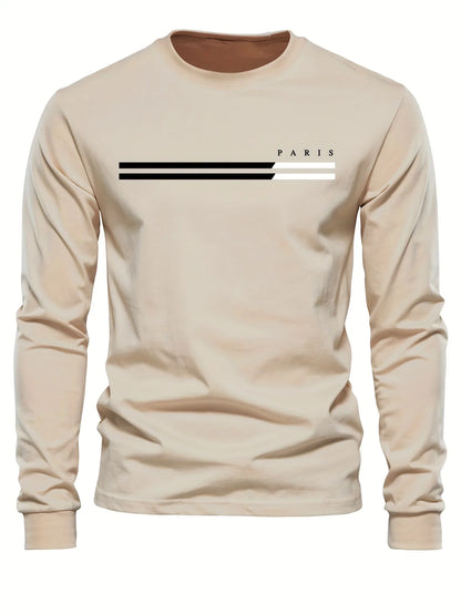 Men's 100% pure cotton summer loose comfortable casual  PARIS print large round neck long sleeve T-shirt top